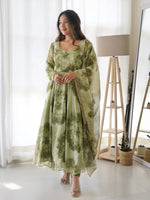 Thumbnail for NOZ2TOZ Women Floral Printed Knee Length Elbow Length Sleeves Round Neck Kurti And Palazzo Set With Net Dupatta - Green - Distacart