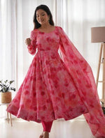 Thumbnail for NOZ2TOZ Women Floral Printed Knee Length Elbow Length Sleeves Round Neck Kurti And Palazzo Set With Net Dupatta - Pink - Distacart