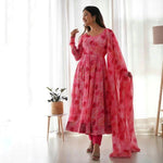 Thumbnail for NOZ2TOZ Women Floral Printed Knee Length Elbow Length Sleeves Round Neck Kurti And Palazzo Set With Net Dupatta - Pink - Distacart