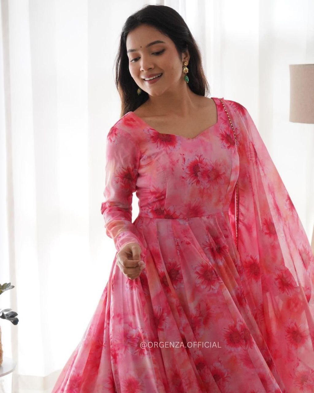 NOZ2TOZ Women Floral Printed Knee Length Elbow Length Sleeves Round Neck Kurti And Palazzo Set With Net Dupatta - Pink - Distacart