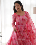 Thumbnail for NOZ2TOZ Women Floral Printed Knee Length Elbow Length Sleeves Round Neck Kurti And Palazzo Set With Net Dupatta - Pink - Distacart