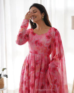 Thumbnail for NOZ2TOZ Women Floral Printed Knee Length Elbow Length Sleeves Round Neck Kurti And Palazzo Set With Net Dupatta - Pink - Distacart