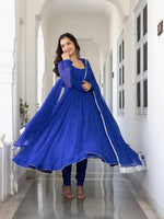 Thumbnail for NOZ2TOZ Women Floral Printed Knee Length Elbow Length Sleeves Round Neck Kurti And Palazzo Set With Net Dupatta - Blue - Distacart