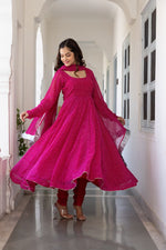 Thumbnail for NOZ2TOZ Women Floral Printed Knee Length Elbow Length Sleeves Round Neck Kurti And Palazzo Set With Net Dupatta - Pink - Distacart