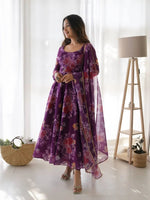 Thumbnail for NOZ2TOZ Women Floral Printed Knee Length Elbow Length Sleeves Round Neck Kurti And Palazzo Set With Net Dupatta - Purple - Distacart