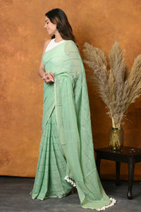 Thumbnail for Very Much Indian Designer Mul Cotton Handloom Saree with Sequins - Sea Green - Distacart