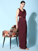 Thumbnail for Maroon Imported Crush Lycra Texture Pattern Ready to Wear Saree with stitched Blouse - Nirvana - Distacart