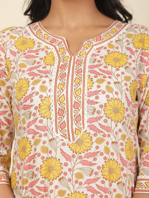 Aramya Straight Soft Cotton Floral Print Women's Kurta - Off White - Distacart