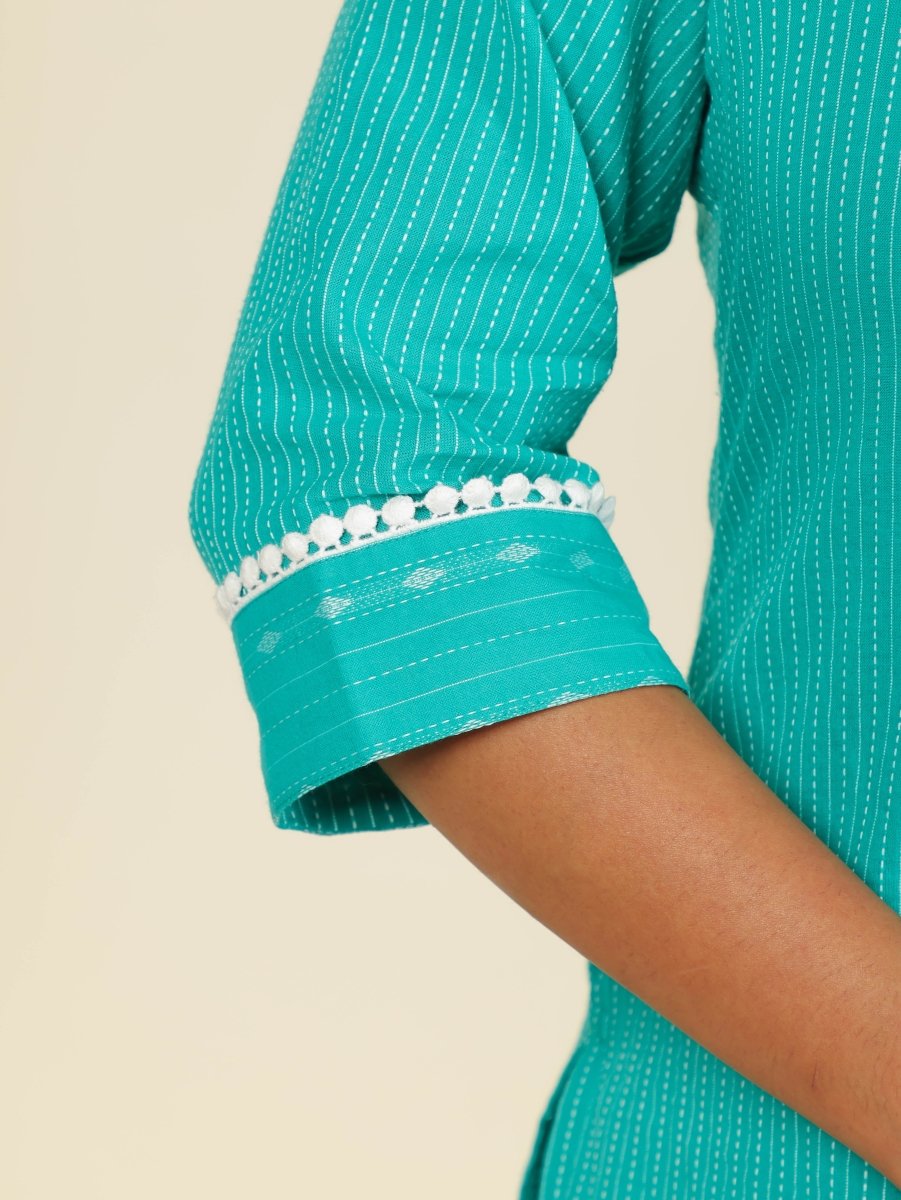 Aramya Straight Kantha Cotton Woven Design Print Women's Kurta - Turquoise - Distacart
