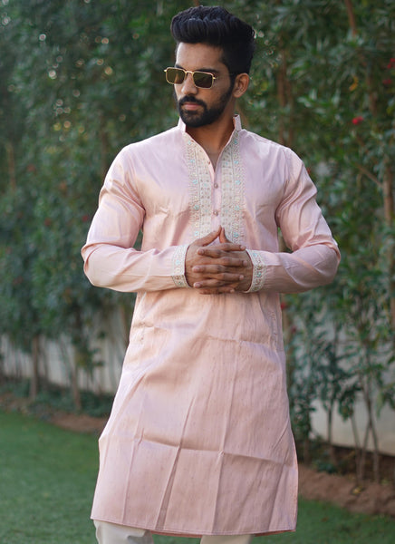 Prazu Fashion Baby Pink Shiny Silk Fabulous Coding Work Kurta With Pajama