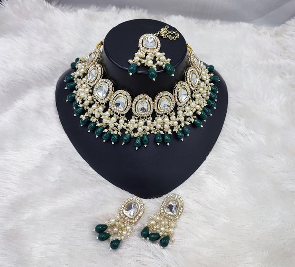 Jewel City Elegant Kundan Pearl Necklace Set with Emerald Green Drops and Matching Tikka