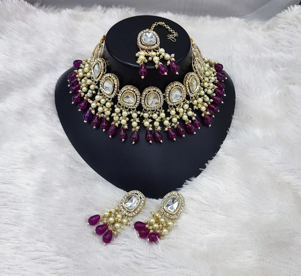Jewel City Elegant Kundan Pearl Necklace Set with Wine Drops and Matching Tikka