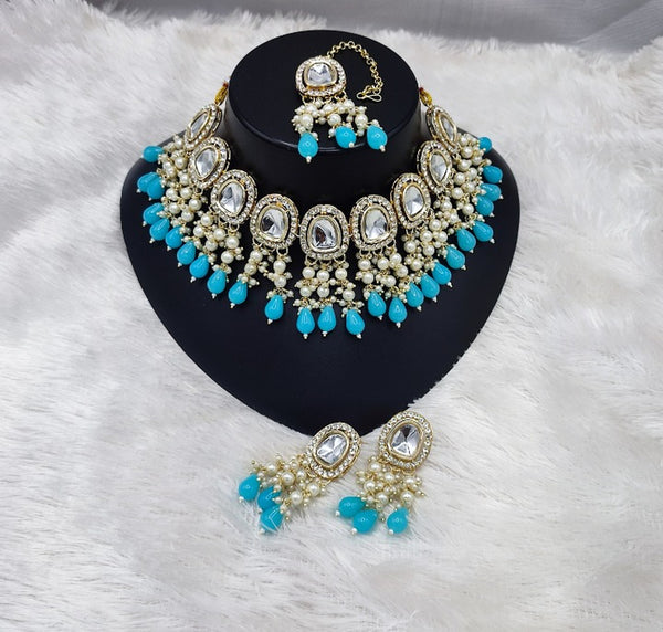 Jewel City Elegant Kundan Pearl Necklace Set with Turquoise Drops and Matching Tikka