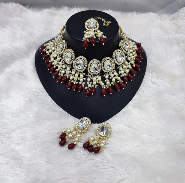 Jewel City Elegant Kundan Pearl Necklace Set with Maroon Drops and Matching Tikka