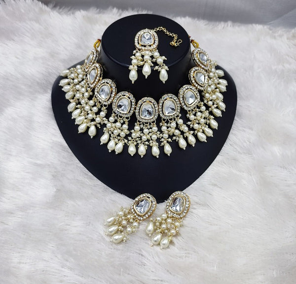 Jewel City Elegant Kundan Pearl Necklace Set with White Drops and Matching Tikka