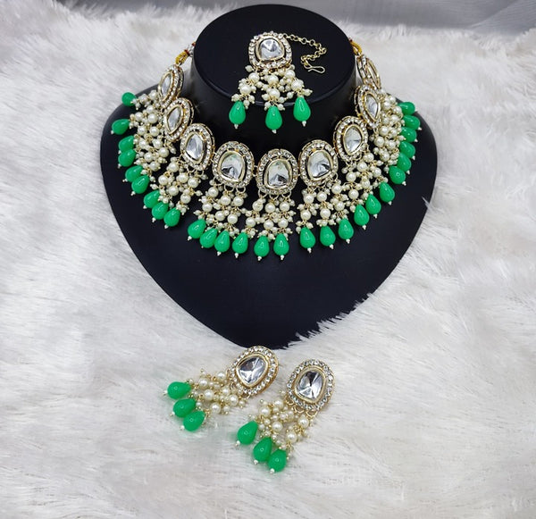 Jewel City Elegant Kundan Pearl Necklace Set with Mint Drops and Matching Tikka