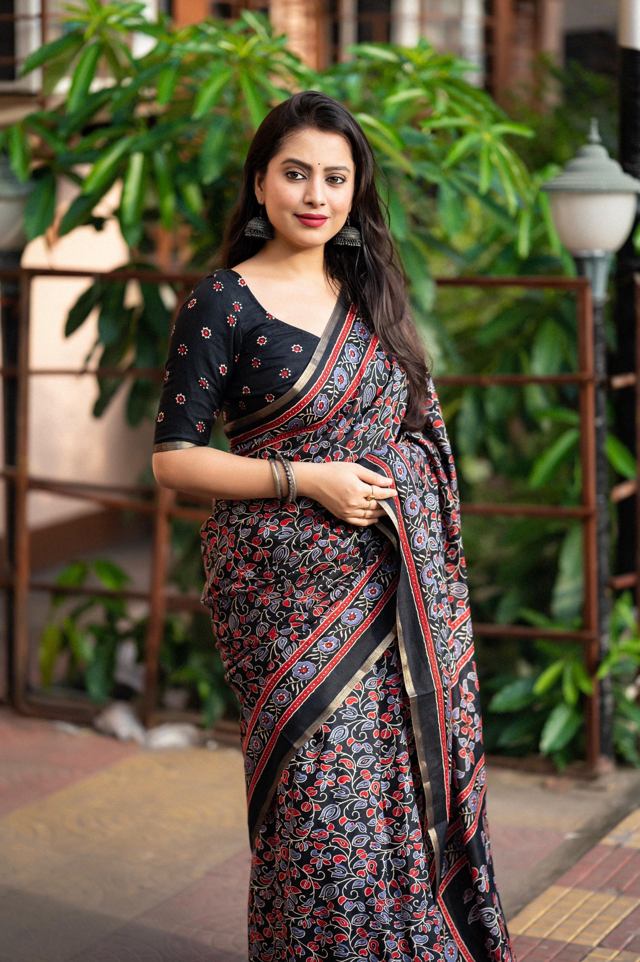 Black Cotton Blend Ajrak Saree with Unstitched Blouse - A2M