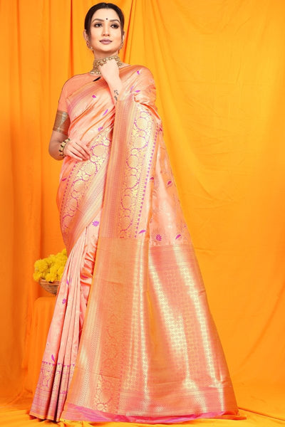 Aastha Fashion Baby Pink Woven Banarasi Silk Saree with Blouse - Distacart