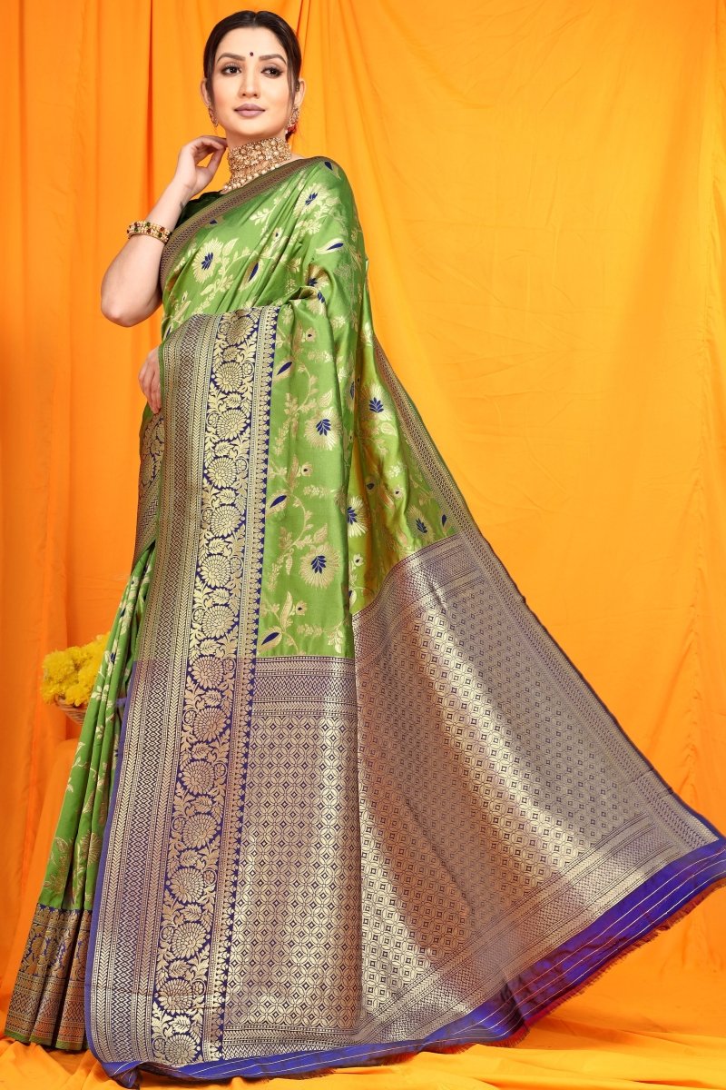 Aastha Fashion Green Woven Banarasi Silk Saree with Blouse - Distacart