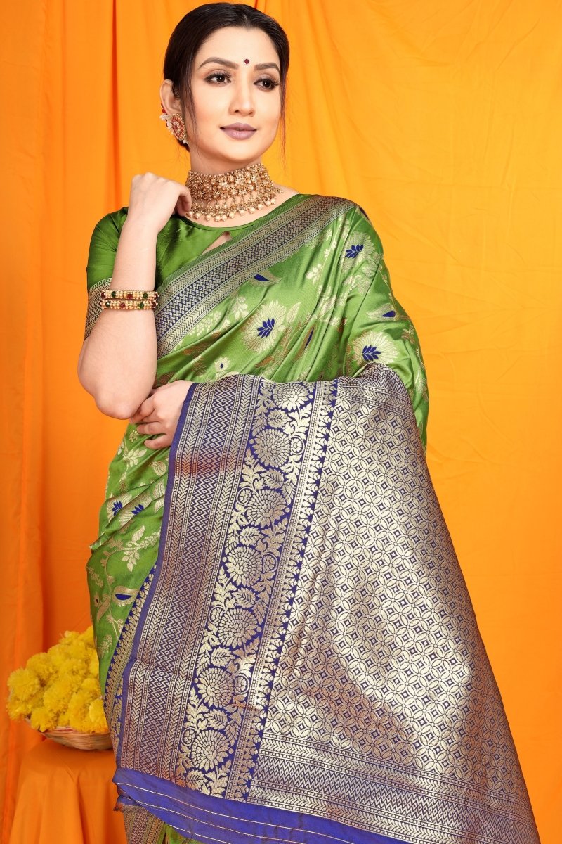 Aastha Fashion Green Woven Banarasi Silk Saree with Blouse - Distacart