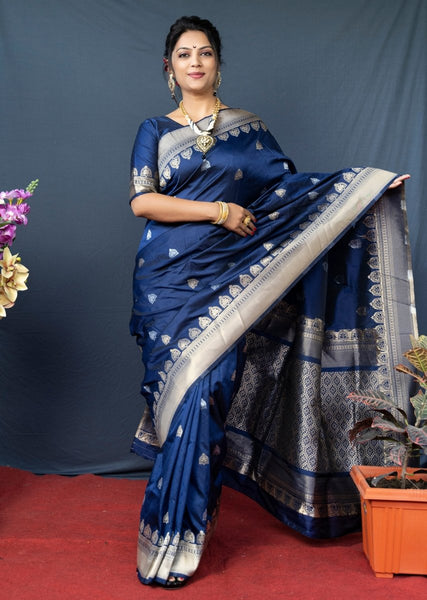 Aastha Fashion Navy Blue Woven Banarasi Silk Saree with Blouse - Distacart