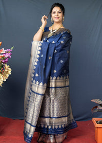 Thumbnail for Aastha Fashion Navy Blue Woven Banarasi Silk Saree with Blouse - Distacart