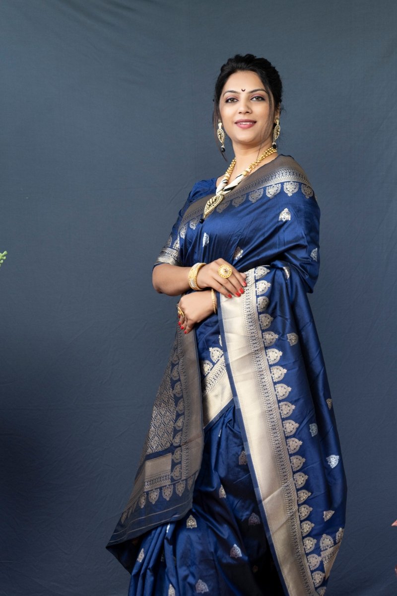 Aastha Fashion Navy Blue Woven Banarasi Silk Saree with Blouse - Distacart