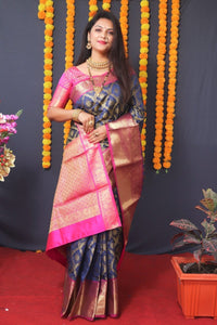 Thumbnail for Aastha Fashion Navy Blue Woven Kanjivaram Silk Saree with Blouse - Distacart