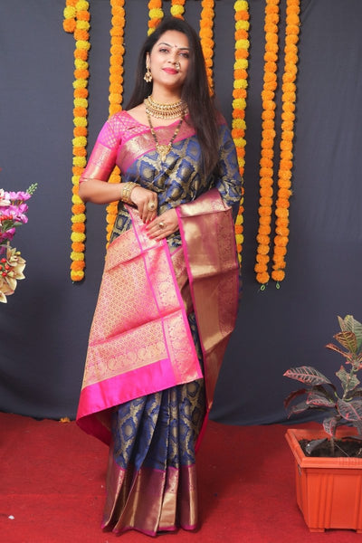 Aastha Fashion Navy Blue Woven Kanjivaram Silk Saree with Blouse - Distacart