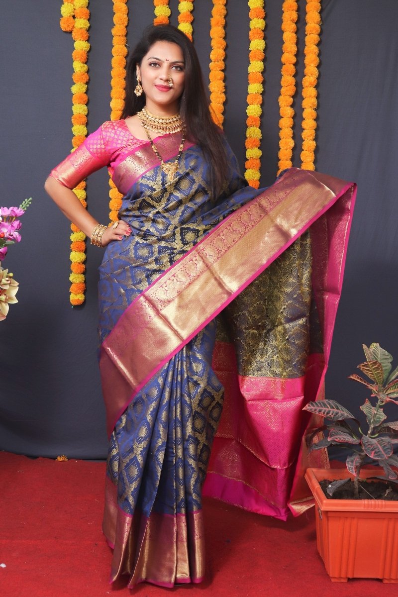 Aastha Fashion Navy Blue Woven Kanjivaram Silk Saree with Blouse - Distacart