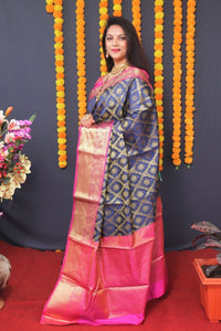 Thumbnail for Aastha Fashion Navy Blue Woven Kanjivaram Silk Saree with Blouse - Distacart