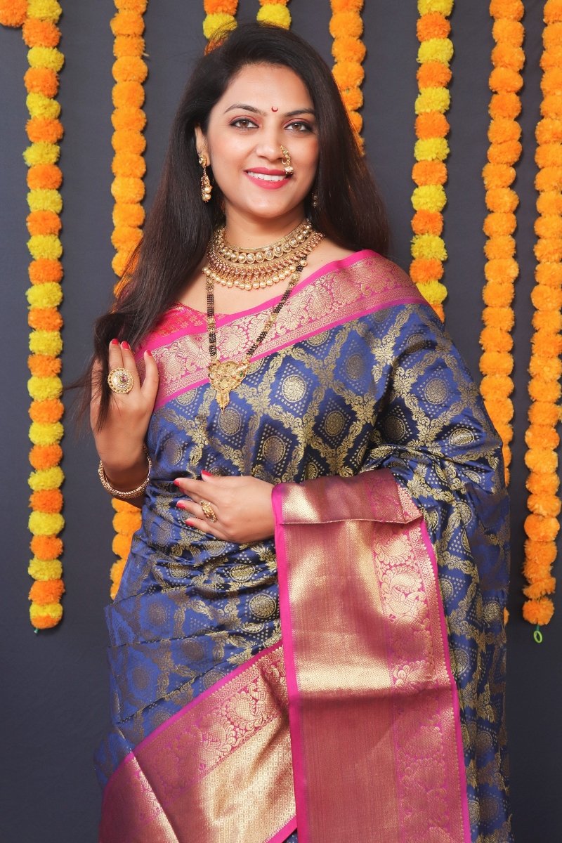 Aastha Fashion Navy Blue Woven Kanjivaram Silk Saree with Blouse - Distacart