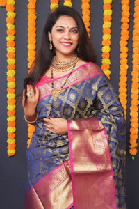 Thumbnail for Aastha Fashion Navy Blue Woven Kanjivaram Silk Saree with Blouse - Distacart