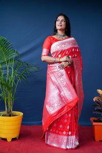 Thumbnail for Aastha Fashion Red Woven Banarasi Silk Saree with Blouse - Distacart