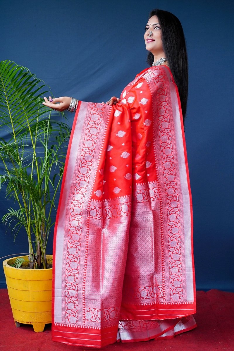 Aastha Fashion Red Woven Banarasi Silk Saree with Blouse - Distacart