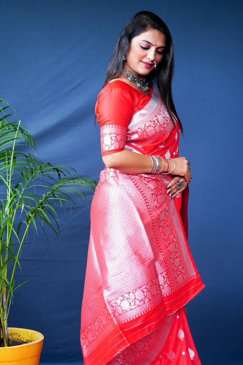 Aastha Fashion Red Woven Banarasi Silk Saree with Blouse - Distacart