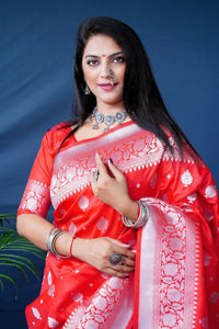 Thumbnail for Aastha Fashion Red Woven Banarasi Silk Saree with Blouse - Distacart
