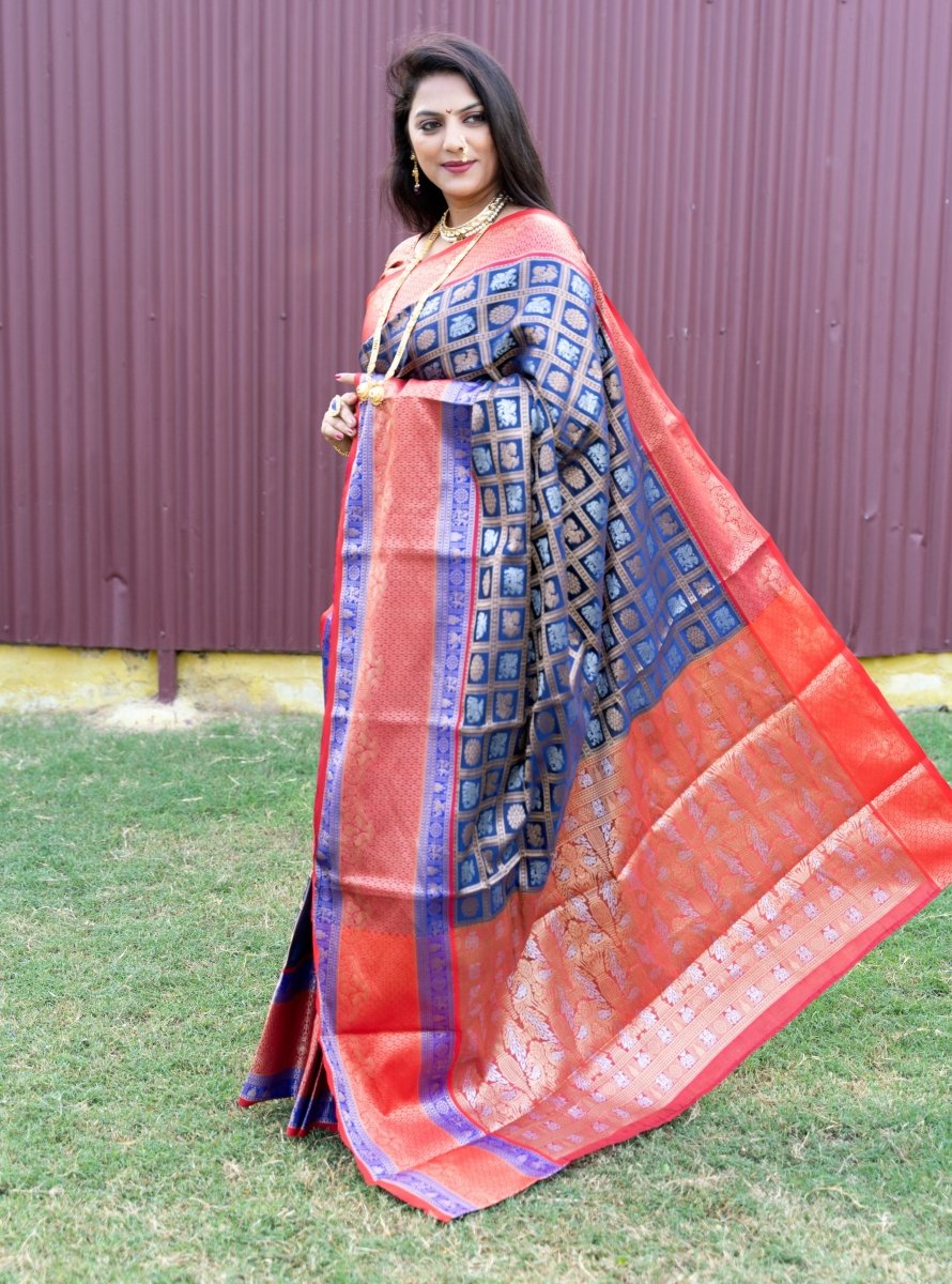 Aastha Fashion Blue Woven Kanchipuram Silk Saree with Blouse - Distacart