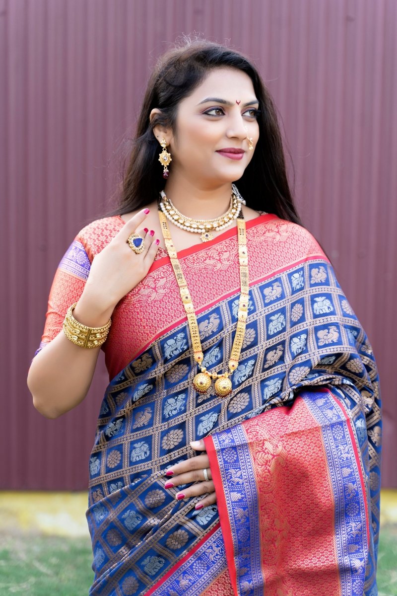 Aastha Fashion Blue Woven Kanchipuram Silk Saree with Blouse - Distacart