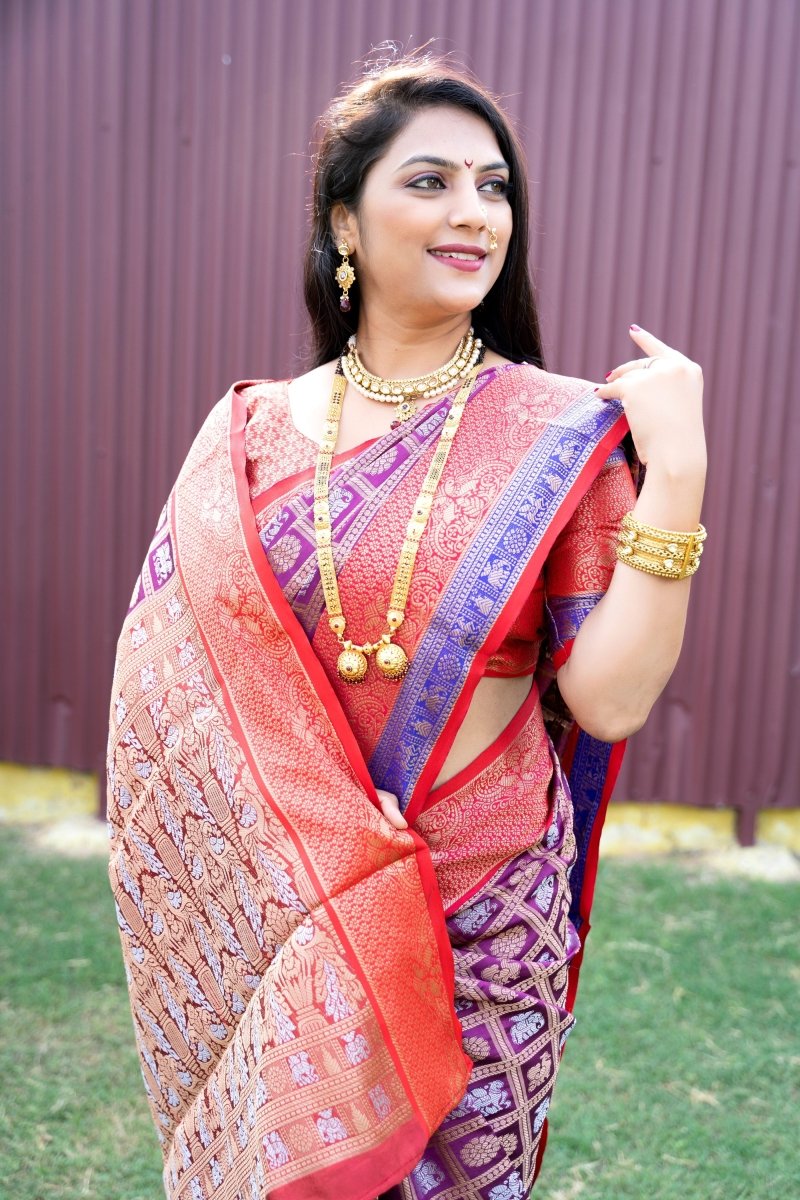 Aastha Fashion Wine Woven Kanchipuram Silk Saree with Blouse - Distacart