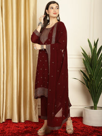 Thumbnail for Aastha Fashion Maroon Georgette Allover Contrast Resham Thread Work & Sequin Festival Wear Suit
