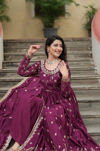 Thumbnail for Aastha Fashion Wine Chinon Sequins Embroidered work Party Wear Designer Gown