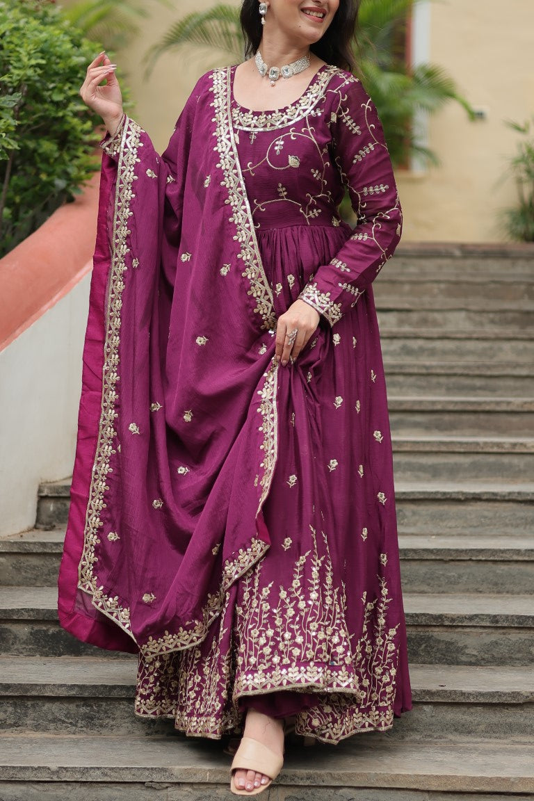 Aastha Fashion Wine Chinon Sequins Embroidered work Party Wear Designer Gown