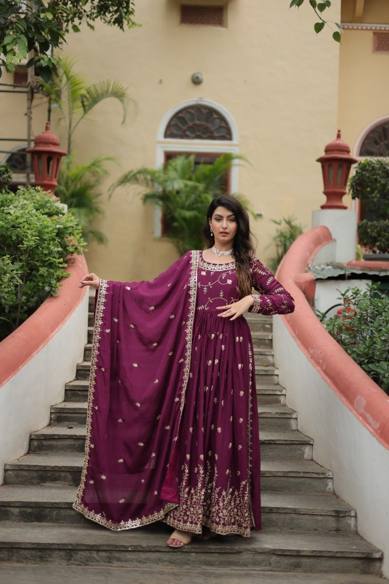 Aastha Fashion Wine Chinon Sequins Embroidered work Party Wear Designer Gown