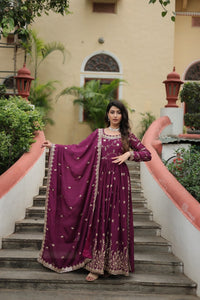 Thumbnail for Aastha Fashion Wine Chinon Sequins Embroidered work Party Wear Designer Gown