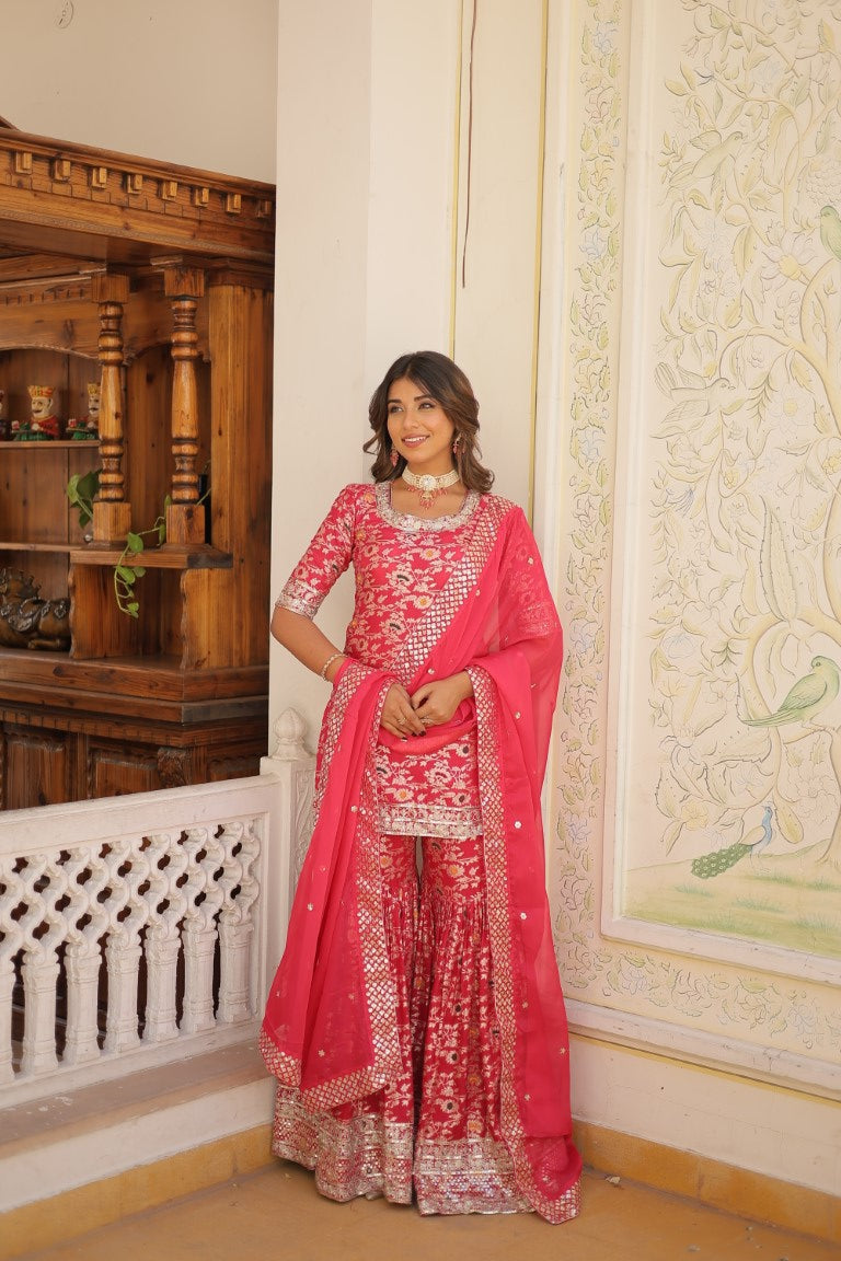 Aastha Fashion Pink Viscose Jacquerd Sequins & zari Embroidered work Party Wear Designer Suit