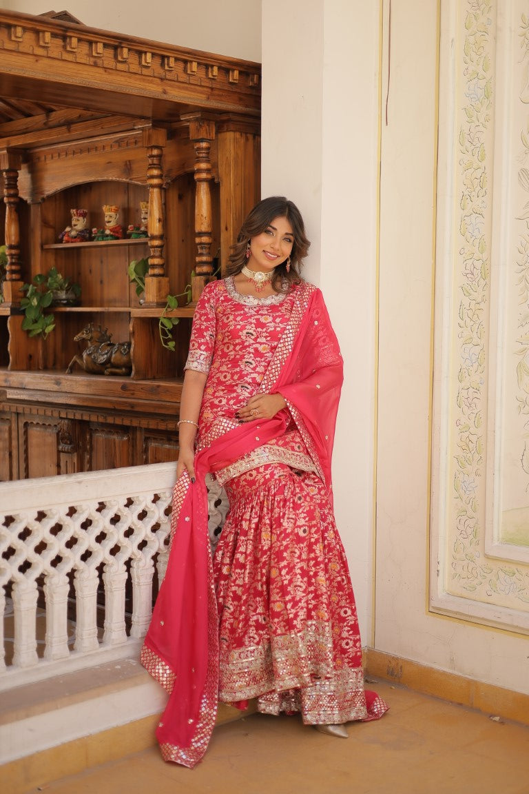 Aastha Fashion Pink Viscose Jacquerd Sequins & zari Embroidered work Party Wear Designer Suit