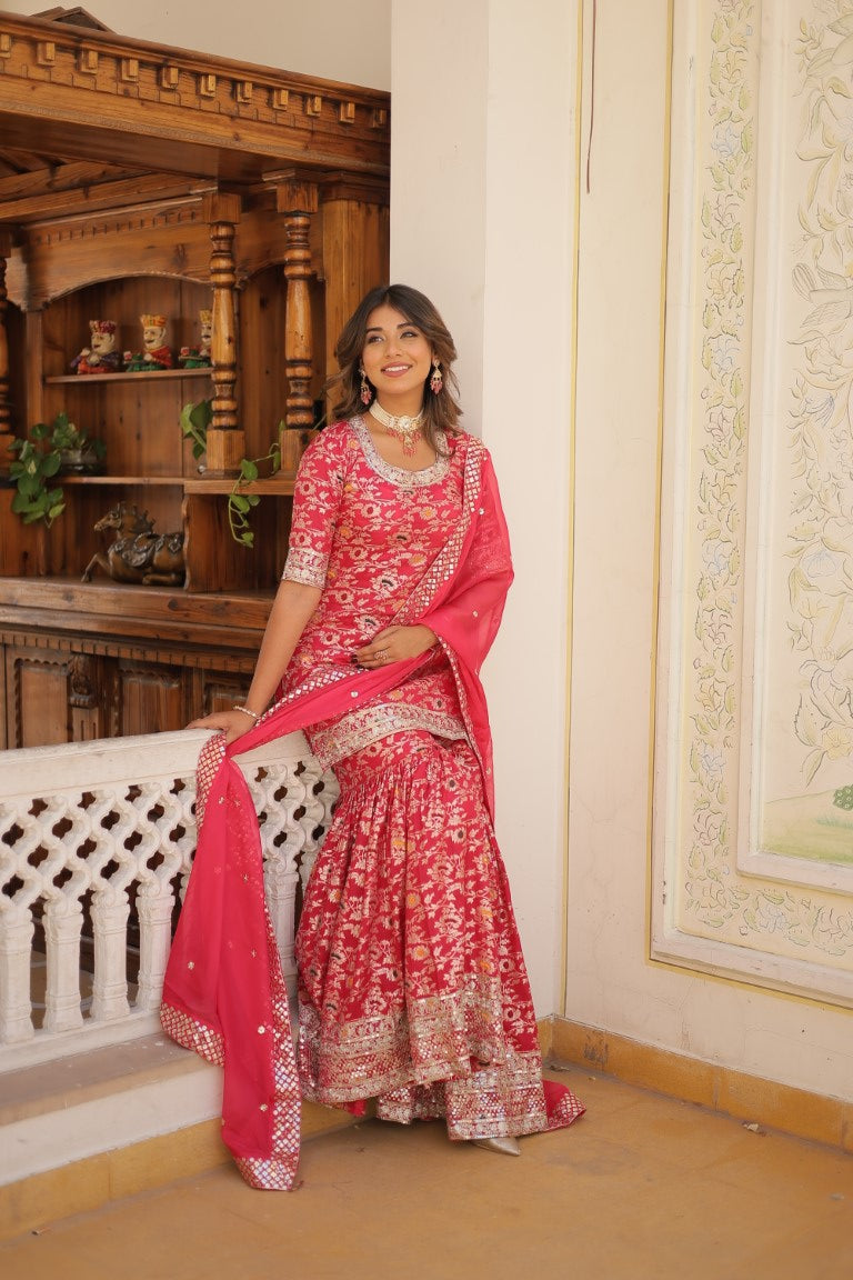 Aastha Fashion Pink Viscose Jacquerd Sequins & zari Embroidered work Party Wear Designer Suit