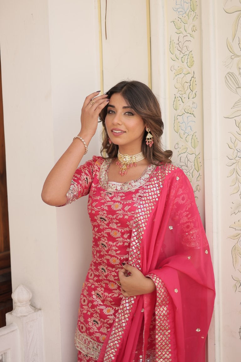 Aastha Fashion Pink Viscose Jacquerd Sequins & zari Embroidered work Party Wear Designer Suit