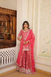 Thumbnail for Aastha Fashion Pink Viscose Jacquerd Sequins & zari Embroidered work Party Wear Designer Suit